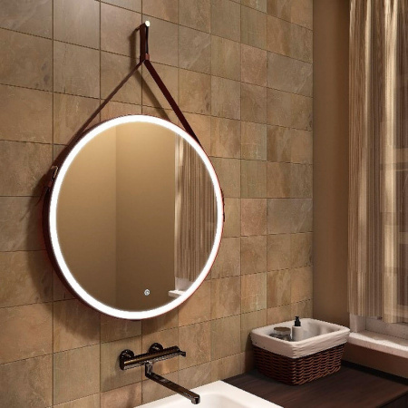 Зеркало MILLENIUM D650мм на ремне из натуральной кожи (LED-подсветка, сенсор, КОРИЧНЕВЫЙ цвет)