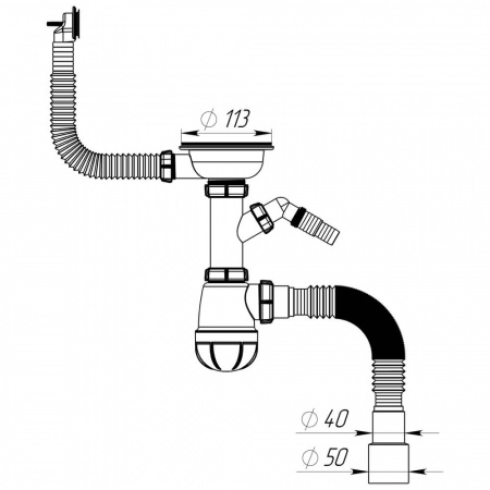 Сифон для мойки 3 1/2"х40 с мет.реш. с круг.переливом с отводом с/м с г.т. 40х40/50 B0140-20-MR (20)