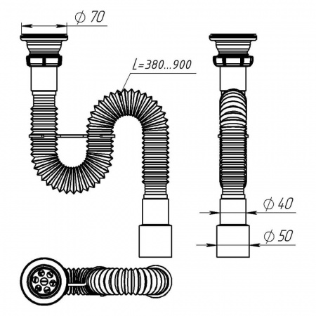 Сифон гофрированный для умывальника 1 1/2"х40/50 с мет.реш. F103-60-MR (60)