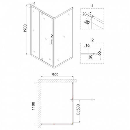 Душевое ограждение 110х90х195 без поддона профиль ХРОМ стекло (6мм) ПРОЗРАЧНОЕ NG-63-11A + A90