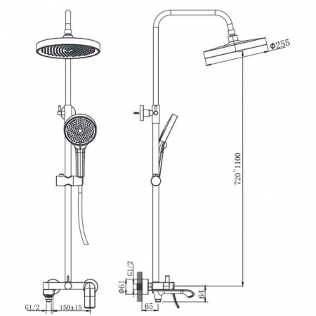 Смеситель для душа (зонт, круг) со стойкой HAIBA HB24553-3 ОРУЖЕЙНАЯ СТАЛЬ (лат., с изливом)(4)