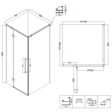 Душевой уголок 90х90х195 КВАДР без поддона профиль ЧЕРН МАТ стекло (6мм) ТОНИРОВАН NG-2831-34BLACK