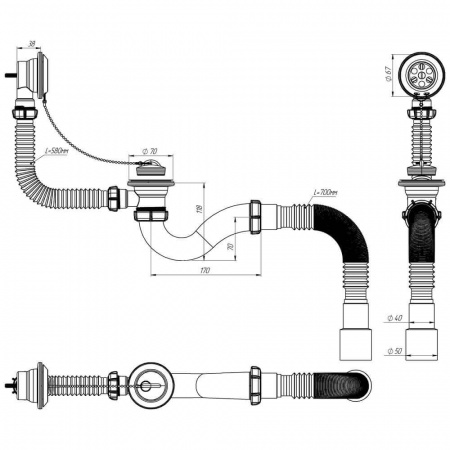 Сифон для ванны 1 1/2"х40 с выпуском и переливом с мет.реш. с г.т. 40х40/50 V155-30-MR (30)