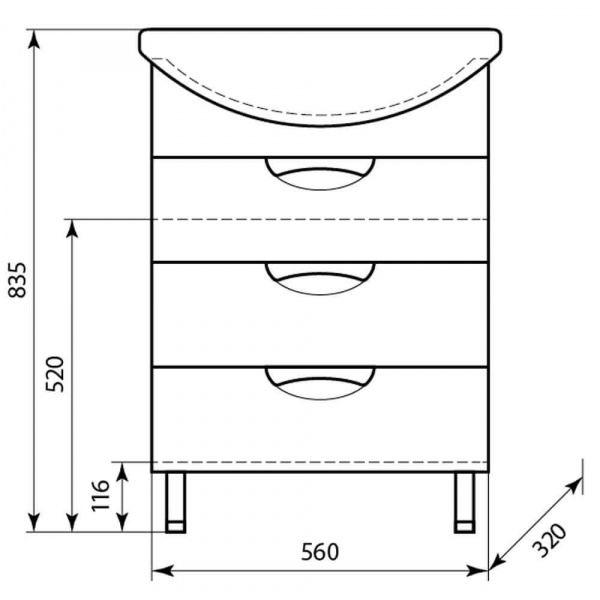 Тумба напольная AquaLine Балтика 60 3 ящика размеры