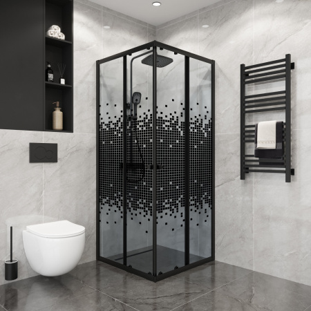Душевой уголок 90х90х190 КВАДР без поддона профиль ЧЕРНЫЙ стекло (4мм) МОЗАИКА NG-1009-14QBLACK