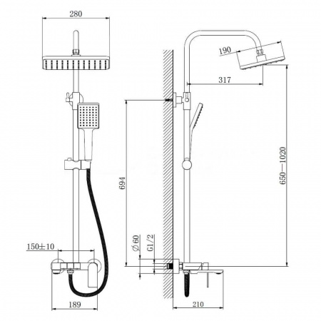 Смеситель для душа (зонт, квадрат) со стойкой HAIBA HB24639 (лат., с изливом)(4)