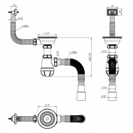 Сифон для мойки 3 1/2"х40 с мет.реш. с прямоуг. переливом с г.т. 40х40/50 B0148-20-MR (20)