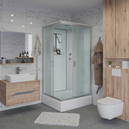 Душевая кабина 900х700х2150мм без г/м, СРЕДНИЙ поддон, СЕРЕБР проф, стекло МАТОВОЕ NG-33974-14Q