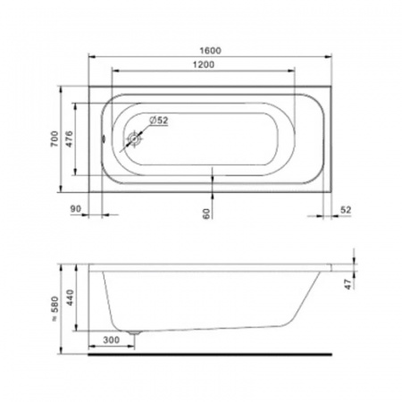 Ванна акриловая прямоугольная ЛАММА 160х70см 