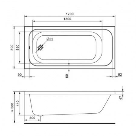 Ванна акриловая прямоугольная ЛАММА 170х80см 
