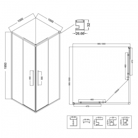 Душевой уголок 100х100х195 КВАДР без поддона профиль ХРОМ стекло (6мм) ПРОЗРАЧНОЕ NG-6624-34