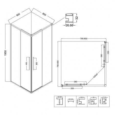 Душевой уголок 80х80х195 КВАДР без подд профиль ЧЕРНЫЙ стекло (6мм) ПРОЗРАЧНОЕ NG-6822-34BLACK