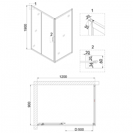 Душевое ограждение 120х90х195 без поддона профиль ХРОМ стекло (6мм) ПРОЗРАЧНОЕ NG-62-12A + A90