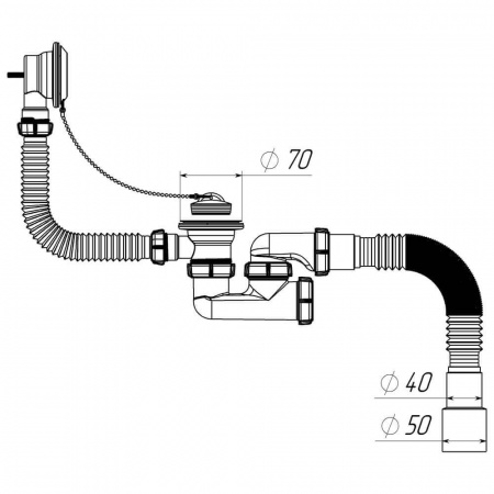 Сифон для ванны плоск. регулируемый 1 1/2"х40 с выпуском и переливом с гт 40х40/50 V255-25-MR (25)