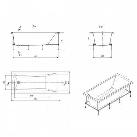 Ванна акриловая прямоугольная ФИДЖИ 180х80см 