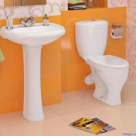 Унитаз-компакт "ВОРОТЫНСКИЙ" антивсплеск, косой выпуск, сиденье полипропилен, арматура 1-режимная