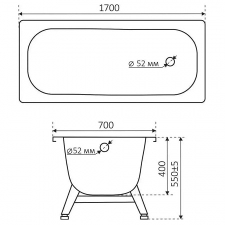 Ванна стальная 1,70х0,70х0,40м ANTIKA с ножками ОР-01200, толщина 1,8мм