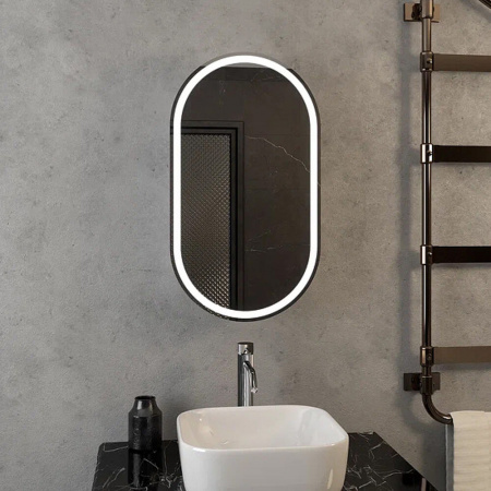 Шкаф зеркальный ELMAGE 450х800мм (LED-подсвет, датчик движ) пленка эффект "soft touch", черный 