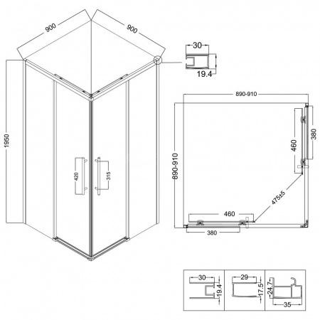 Душевой уголок 90х90х195 КВАДР без поддона профиль ЧЕРН МАТ стекло (6мм) ТОНИРОВАН NG-2829-34BLACK