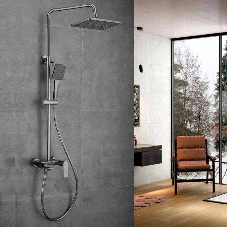 Смеситель для душа (зонт, квадрат) со стойкой HAIBA HB24639-3 ОРУЖЕЙНАЯ СТАЛЬ (лат., с изливом)(4)