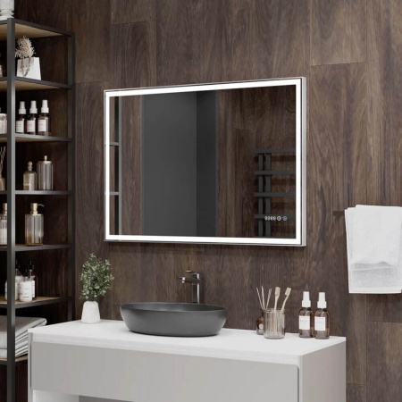 Зеркало СТРОНГ/Strong 80 800х600мм(LED-подсвет, бесконтакт.вык-ль, ал профиль СЕРЫЙ+ПОДОГРЕВ+ЧАСЫ)