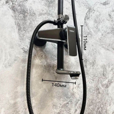 Смеситель для душа (зонт, квадрат) со стойкой HAIBA HB24548-7 ЧЕРНЫЙ/ХРОМ (лат., с изливом)(4)