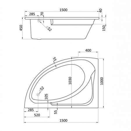 Ванна акриловая асимметричная ГОА 150х100см левосторонняя Ванна акриловая асимметричная ГОА 150х100см левосторонняя