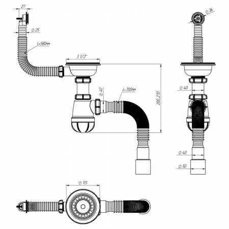 Сифон для мойки 3 1/2"х40 с мет.реш. с круглым переливом с г.т. 40х40/50 B0139-20-MR (20)