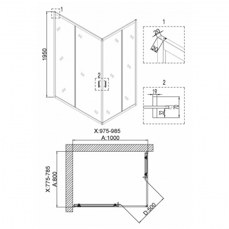 Душевой уголок 100х80х195 ПРЯМОУГ без подд профиль ЧЕРНЫЙ стекло (6мм) ПРОЗРАЧНОЕ NG-6881-08 BLACK