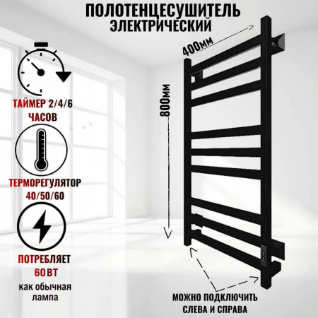 Полотенцесушитель с греющим кабелем ПЭК СП21 кв 80х40см черный ВГП