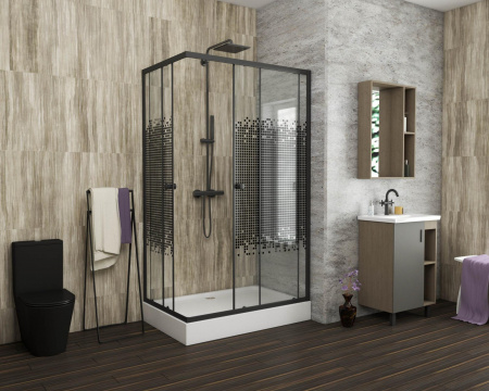 Душевой уголок 100х80х195 НИЗКИЙ поддон профиль ЧЕРНЫЙ стекло МОЗАИКА черн NG-018-14Q BLACK