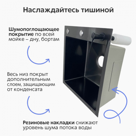 Мойка кухонная врезная Dikalan KN505008 ЧЕРНЫЙ нерж.сталь SUS-304 500х500х220мм 
