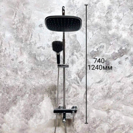 Смеситель для душа (зонт, квадрат) со стойкой HAIBA HB24805-7 ЧЕРНЫЙ/ХРОМ (лат., с изливом)(4)