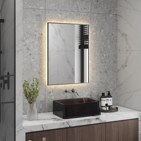 Зеркало MERIDIAN 60 600х800мм (LED-подсв., беск.сенс.выкл-ль, ореол ТЕПЛАЯ под, рама алюм ЧЕРНАЯ)