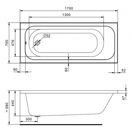 Ванна акриловая прямоугольная ЛАММА 170х70см 