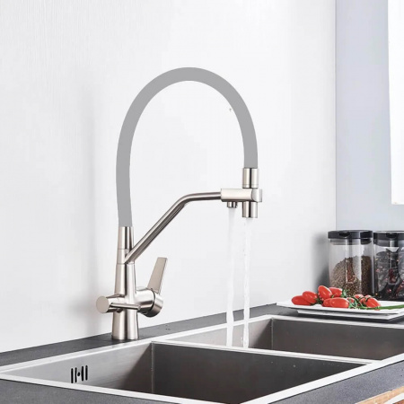 Смеситель на мойку с гибким изливом, с выходом под фильтр HAIBA HB76855-5 СЕРЫЙ/ХРОМ (лат., 35мм)